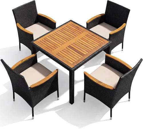 Devoko Juego de 5 muebles, conversación de patio con parte superior de madera de acacia, mesa de comedor al aire libre de ratán y sillas para patio