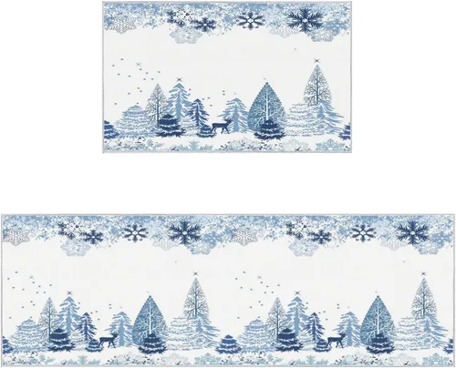 Miniatura 2 de Libaoge Juego de 2 alfombras y tapetes de cocina de invierno de Navidad para Año Nuevo, diseño abstracto de copo de nieve, alce azul, tapete