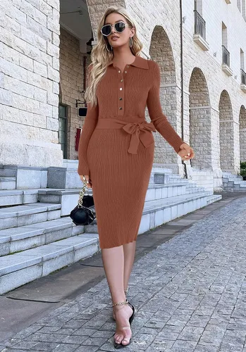 Miniatura 5 de Lynwitkui Vestido de suéter acanalado de manga larga con cuello en V para mujer, con botones y lazo en la cintura