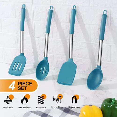 Miniatura 3 de Juego de utensilios de cocina de 4 piezas, E-far utensilios de cocina de silicona para utensilios de cocina antiadherentes, espátula ranurada Azul
