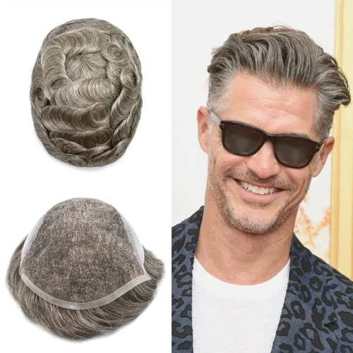 Miniatura 69 de Mens Toupee Swiss Lace Mens Hair Piece Sistema de reemplazo de cabello para hombres Toupee para hombres Cabello humano nudo blanqueado protesis