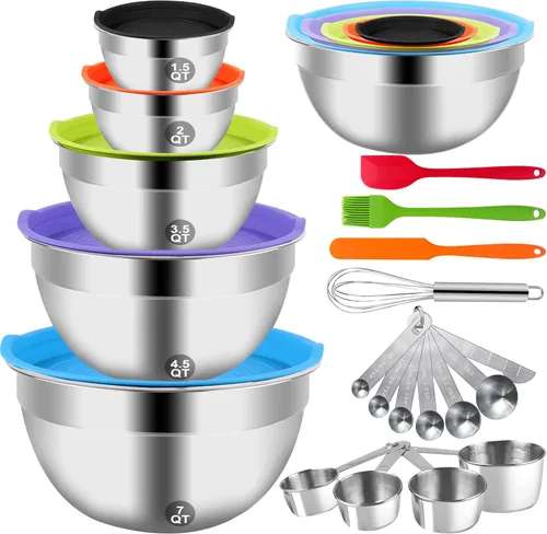 WEPSEN Cuencos para mezclar con juego de tapa, 25 utensilios de cocina, cuencos de metal de acero inoxidable, tazas y cucharas medidoras, batidor de
