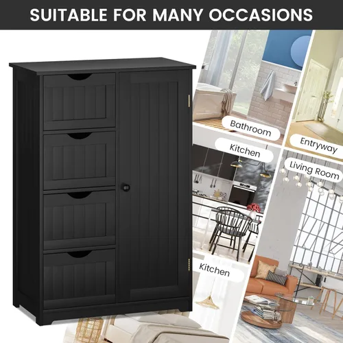 Miniatura 8 de COSTWAY Armario de almacenamiento de baño, organizador de almacenamiento de madera con 4 cajones profundos y estante ajustable, gabinete de piso