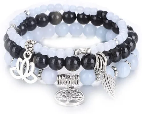 UEUC - Pulseras Reiki, apilables, de piedras curativas, cristales, con dije del árbol de la vida, yoga y hoja de loto, contra la ansiedad y para el