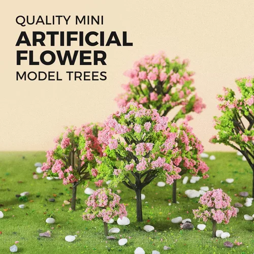 Miniatura 6 de Yetaha 10 piezas de árboles modelo de flores rosas, plantas de árbol de jardín de hadas en miniatura, mini árbol de flores artificiales