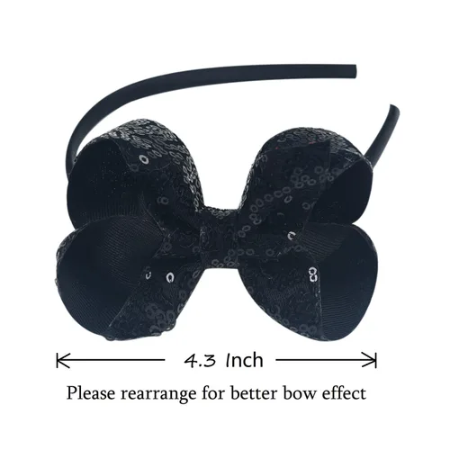 Miniatura 3 de Diademas con lazo para el pelo con lentejuelas brillantes, lazos de cinta para niñas, niños y mujeres (negro)