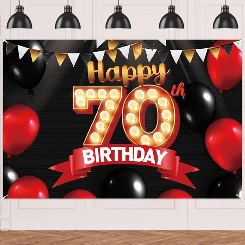Miniatura 13 de FlagY-Bn-14 - Cartel de feliz cumpleaños número 14, decoración de pancarta negra, telón de fondo dorado, globos rojos y negros, decoración temática