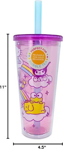 Miniatura 10 de Silver Buffalo Sanrio Hello Kitty and Friends - Vaso de plástico Boba con tapa y popote con Hello Kitty, Cinnamorroll, Kuromi, My Melody, Badtz