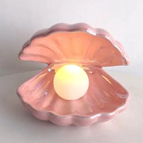 Miniatura 3 de Koolouispoper Ins Lámpara de noche de concha de cerámica de estilo japonés con perlas de sirena para decoración del hogar, regalo de Navidad (rosa)