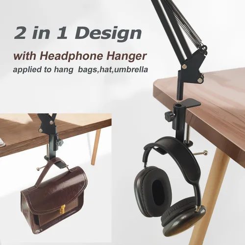 Miniatura 6 de Soporte de abrazadera de mesa para soporte de micrófono, abrazaderas de micrófono para escritorio con gancho para auriculares, abrazadera