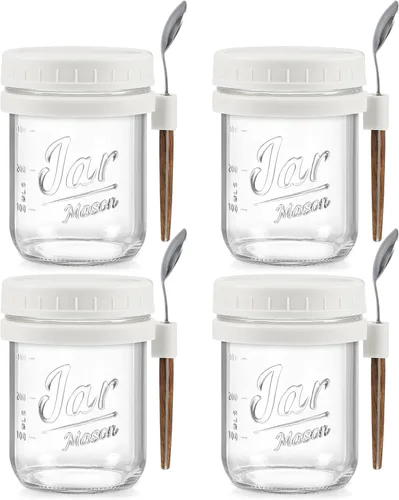 Miniatura 9 de LANDNEOO Paquete de 4 Recipientes para Avena Nocturna con Tapas y Cucharas, Frascos de Vidrio Mason de 16 oz con Tapas Herméticas, Frascos para Beige