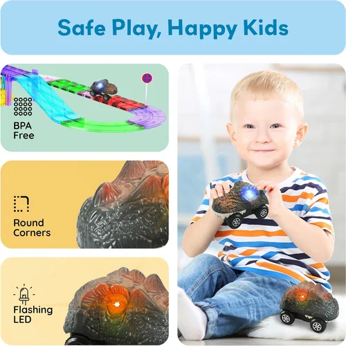 Miniatura 6 de PicassoTiles 2 piezas de camiones de pista de carreras Swift altamente detallados con dinosaurios en paquete al por mayor. Compatibles con kits