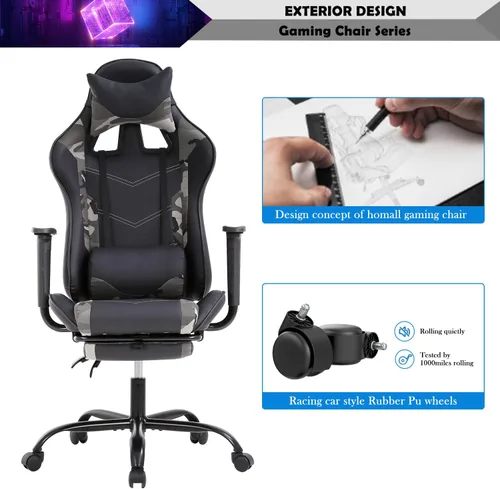 Miniatura 7 de Silla para videojuegos, silla reclinable de piel sintética con soporte lumbar, reposacabezas y respaldo alto, silla de oficina de carreras, silla