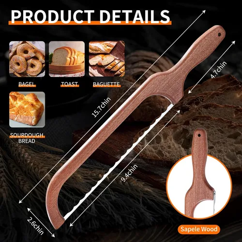 Miniatura 2 de Sierra de pan para pan casero, cortador de cuchillo de pan de masa madre para rebanar, cuchillo de lazo de pan de madera para masa madre