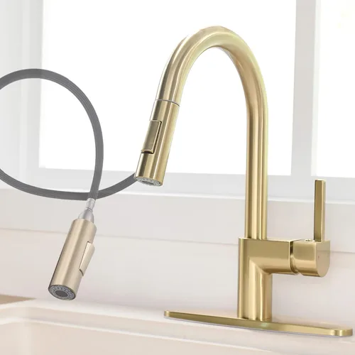 Grifo de cocina dorado con rociador extraíble, grifo de fregadero de cocina extraíble de una sola manija de 1 y 3 agujeros con placa de cubierta,