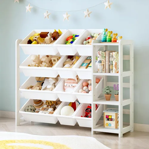 Miniatura 9 de MallBest Organizador de almacenamiento de juguetes extra ancho con 12 contenedores y estantes dobles, estante de madera de pino maciza para niños
