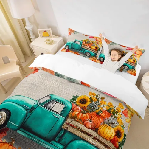 Miniatura 3 de Fall Harvest Kids Duvet Cover Set Twin Size,Cartoon Truck Pumpkin Sunflower Bedding Set,Boys Girls Bedroom Decor,Wooden Plank Maple Comforter