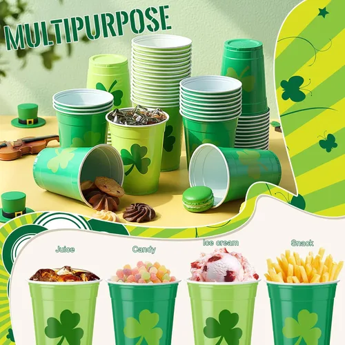 Miniatura 4 de Vesici 100 vasos de plástico desechables de 12 onzas para el día de San Patricio, tazas de tréboles verdes, suministros de fiesta del día de San