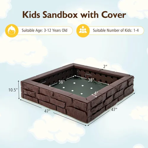 Miniatura 7 de Costzon Caja de arena para niños con cubierta, caja de arena de polietileno de alta densidad de 47 x 47 pulgadas con cubierta Oxford, forro Óxido