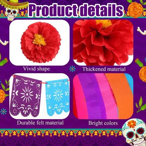 Miniatura 3 de TaoBary 16 piezas Flores de papel mexicanas, decoraciones de fiesta mexicanas, serpentina, fondo y banderines de papel picado, suministros