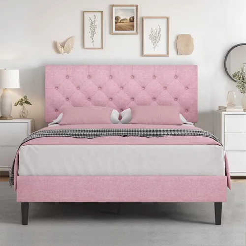 Miniatura 20 de HOMBCK Marco de Cama Queen con Cabecera Capitoné con Botones, Marco de Cama de Plataforma Tapizada Azul, Tela Suave/Soporte de Listones de Madera/No