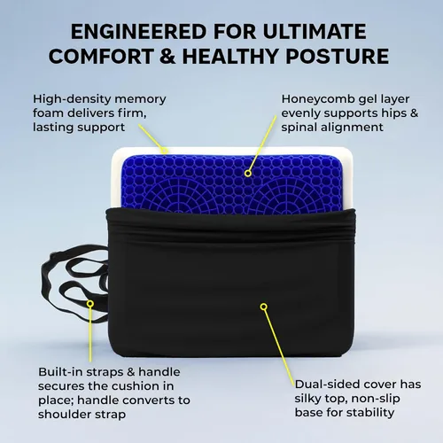 Miniatura 4 de Cojín de asiento de gel y espuma viscoelástica – Oficina – Cojín ergonómico para el dolor de coxis – Silla de escritorio Cojín de asiento de coche