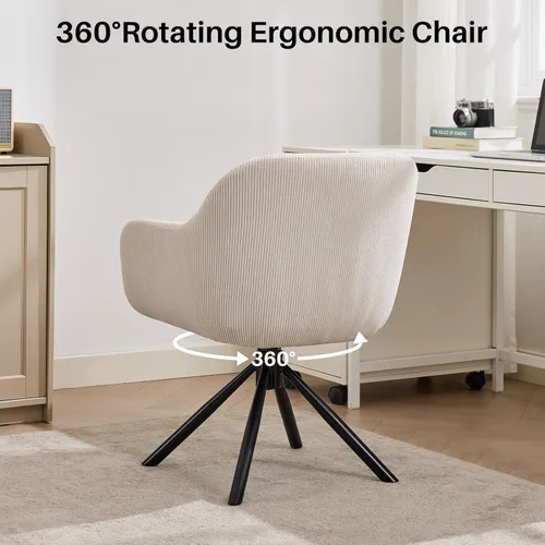 Miniatura 6 de Silla moderna de escritorio de oficina, silla giratoria de acento sin ruedas, silla tapizada de tela, silla giratoria ergonómica con brazo de Beige