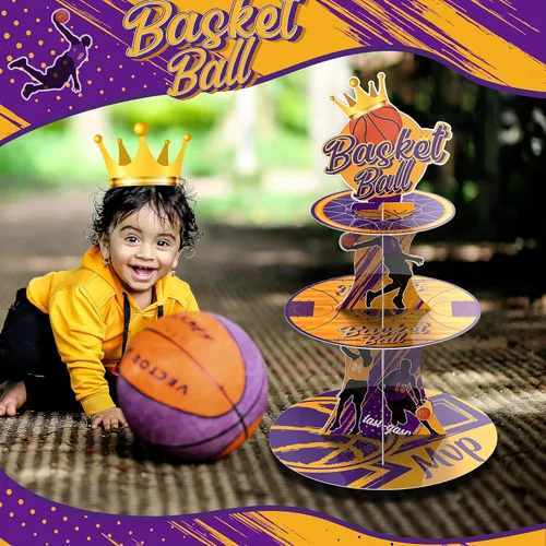 Miniatura 2 de Soporte para cupcakes de baloncesto MVP de 3 niveles con temática de baloncesto, decoración de fiesta de cumpleaños, torre de cupcakes