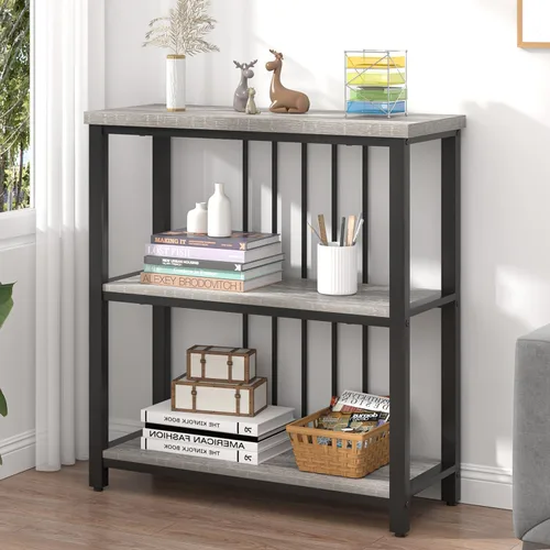 Miniatura 13 de FOLUBAN Estantería de 3 niveles, estantería industrial y estantes para libros, para dormitorio, madera rústica y metal, para oficina, roble
