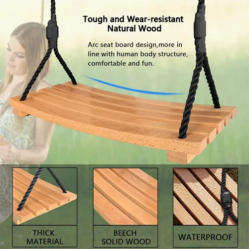 Miniatura 3 de Asiento de columpio de madera, columpio colgante de árbol para adultos y niños, juego de columpios de madera para exteriores, accesorios con cuerda