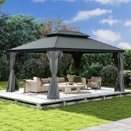 Miniatura 28 de Domi - Cenador de techo rígido de 8 x 8 pies con malla y cortinas, cenador para exteriores con techo doble de acero galvanizado para patio, césped