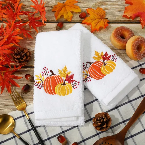 Miniatura 3 de AnyDesign Juego de 2 toallas de mano con diseño de calabaza, algodón bordado, hojas de arce, para otoño, Acción de Gracias, baño, secado a mano