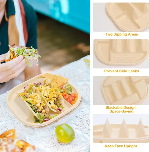 Miniatura 5 de Pequeños platos desechables para tacos con lados de inmersión, paquete de 150 unidades, soporte para tacos de almidón de maíz biodegradable