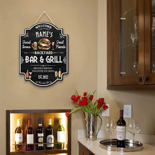 Miniatura 7 de Artsy Woodsy Letrero personalizado para bar y parrilla en el patio trasero (no tallado o neón), decoración de placa artística de pared, accesorios