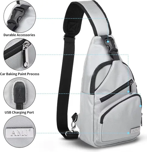 Miniatura 3 de AMJ Bolso cruzado tipo bandolera para hombres y mujeres, mochila de hombro casual, mochila de pecho tipo morral para senderismo y viajes Blanco Gris