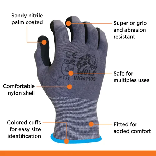 Miniatura 4 de WOLF - Guantes de agarre de palma ultrafinos con revestimiento de espuma de nitrilo de calibre 13, multiusos (24, grande)