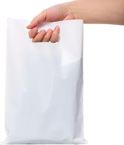 Miniatura 2 de ysmile Pequeña bolsa de compras de plástico blanco para tiendas de pequeñas empresas al por menor de polietileno troquelado con asa Goodie 100 ct