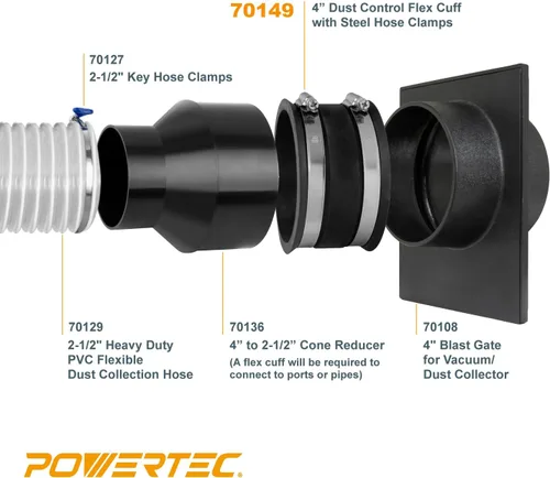 Miniatura 5 de POWERTEC 70149-P4 - Manguito flexible de control de polvo de 4 pulgadas con abrazaderas de manguera de acero, conector de manguera, acoplador