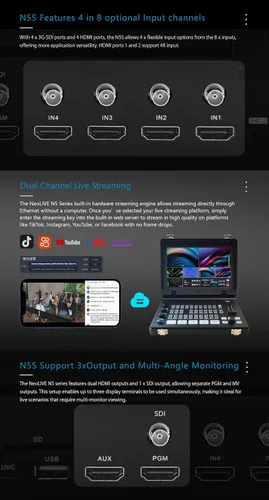 Miniatura 4 de SPROLINK NeoLIVE N5S 5 Canales de Entrada Conmutador de Transmisión de Video Diseño de Laptop con Pantalla de 10.1 pulgadas, con Entradas Duales 4K