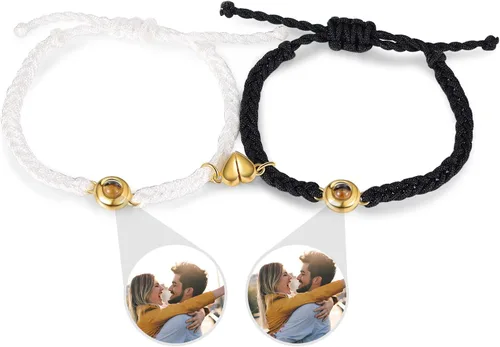 Sparklejewel Pulsera a juego para pareja personalizada con foto en el interior de cordón para parejas, pulseras de proyección personalizadas para