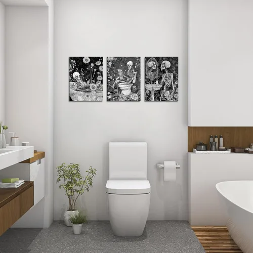 Miniatura 2 de FuShvre Decoración de esqueleto para baño, cuadros artísticos de pared de esqueleto Moody para baño, pintura gótica para decoración del hogar, Negro