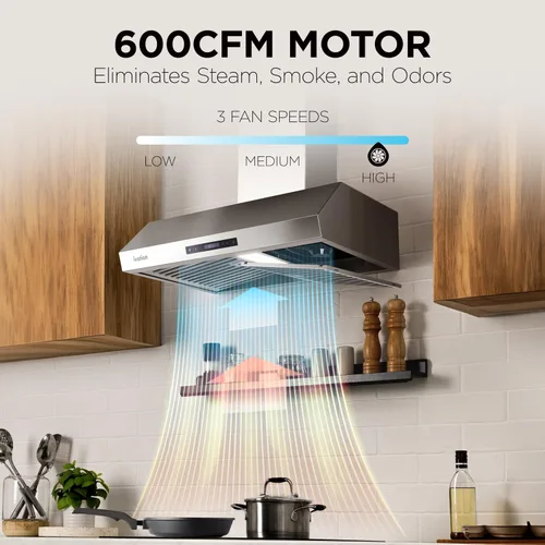 Miniatura 8 de Ivation Campana extractora de 30 pulgadas para debajo del gabinete, 600 CFM, ventilación de 3 vías, luz LED y reloj integrados, temporizador