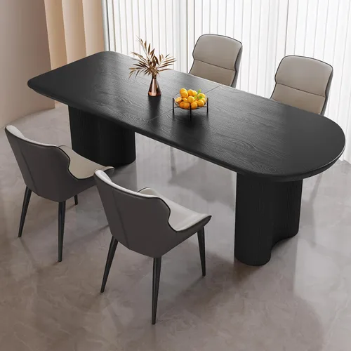 Miniatura 34 de Mesa de comedor negra de 55 pulgadas, una mesa rectangular de extremo redondeado con patas de diseño ondulado para cocina, comedor, oficina en casa