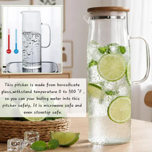 Miniatura 6 de hjn Jarra de vidrio con tapa, jarra de agua de vidrio con asa, jarra de agua para refrigerador, bebidas frías o calientes, té helado, leche, jugo
