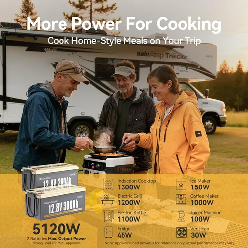 Miniatura 8 de Power Queen Batería LiFePO4 de 12 V 300 Ah, batería de litio de 3840 Wh con salida de potencia de 2560 W, hasta 15000 ciclos profundos, protecciones