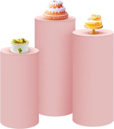 Miniatura 10 de SaitiMade Juego de 3 fundas para pedestal de cilindro beige, fundas de elastano para decoración de fiestas, bodas o eventos de cumpleaños, solo