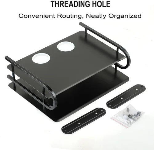 Miniatura 6 de Caja de almacenamiento con router WiFi inalámbrico doble de metal negro, estante para colgar en la pared con organizador de cables, 2 estantes