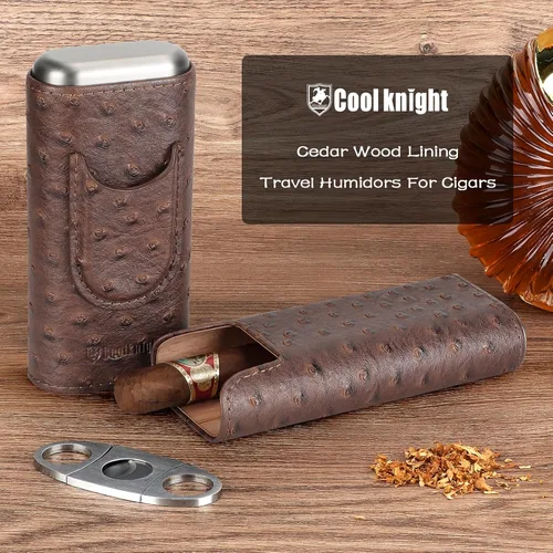 Miniatura 7 de COOL KNIGHT - Estuche de cuero para puros con forro de madera de cedro, humidor portátil para viajes, accesorios para puros que incluyen cortador