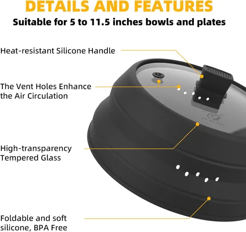Miniatura 3 de Cubierta alta para salpicaduras de microondas, tapa protectora de vidrio de 5.8 pulgadas de altura con silicona plegable para plato de olla de Negro