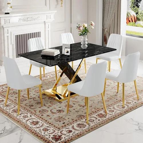 Miniatura 36 de Juego de mesa de comedor de mármol para mesa rectangular blanca de 4.63 pulgadas con marco de metal plateado en forma de X y 4 sillas de comedor